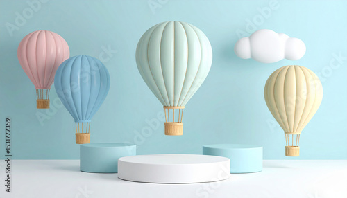Empty cylindrical podium for a lovely atmosphere product display with hot air balloon decorations.