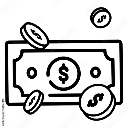Made in uk a bill with dollar signs and gold coins vector icon outline style.