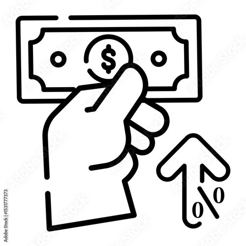 Made in uk hand holding a dollar bill points upwards vector icon outline style.