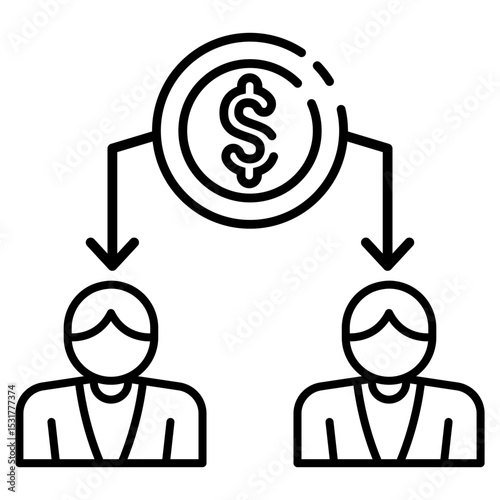 Made in uk a coin with a dollar sign is divided between two people vector icon outline style.