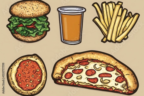 Set of colorful fast food graphics: Appetizing illustration of a classic hamburger, pizza slice, french fries, and a refreshing beverage, showcasing a vibrant feast, perfect for culinary enthusiasts