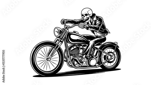 Skeleton Rider in Leather Jacket on Chopper Motorcycle. Vintage Biker Skull Vector Art