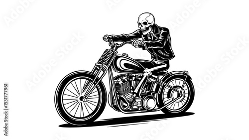 Skeleton Rider in Leather Jacket on Chopper Motorcycle. Vintage Biker Skull Vector Art