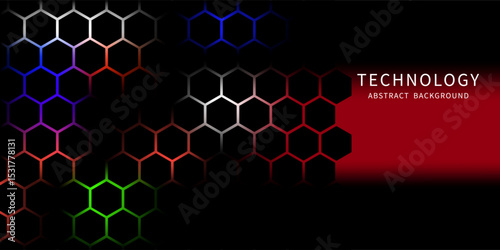 Dark gray and red horizontal hexagonal technology abstract vector background. red bright energy flashes under hexagon in futuristic modern technology wide banner. Dark gray honeycomb texture grid.