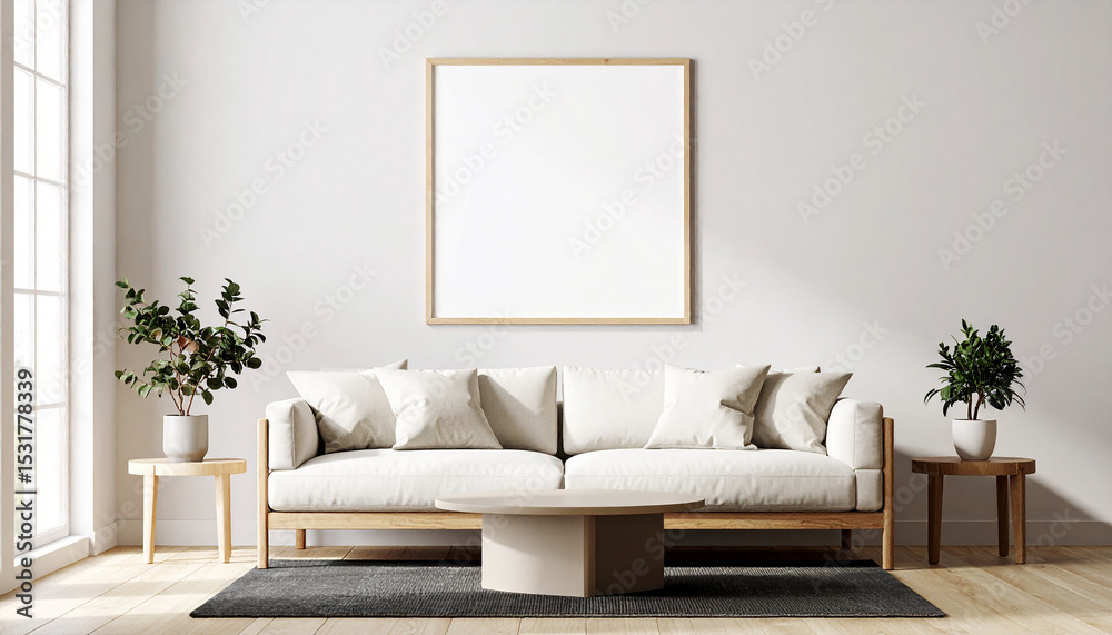 Fototapeta premium Zen Living: Calm modern living room featuring a comfortable couch, minimalist tables, and a blank frame ready for art or design. bathed in soft light, inviting you to imagine the possibilities
