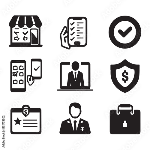 Collection of nine modern black glyph icons for business and finance