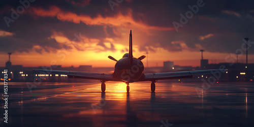 Commercial Airplane on Wet Runway at Sunset 