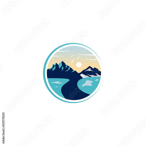 Mountain landscape illustration logo with elements such as river, sun and birds
