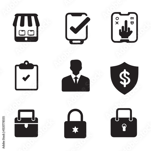 Collection of nine essential black glyph icons for mobile apps and websites