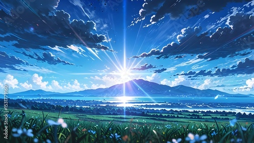 sunrise over peaceful anime landscape