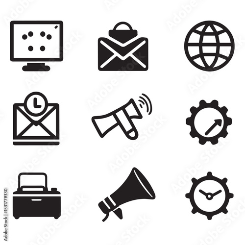 Collection of nine black glyph icons for business and technology