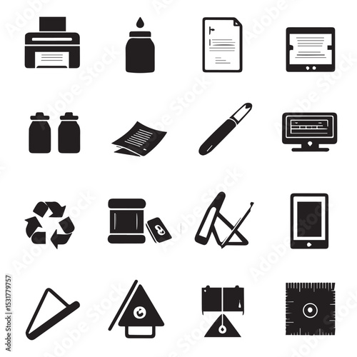 Collection of black glyph icons for printing document management and recycling