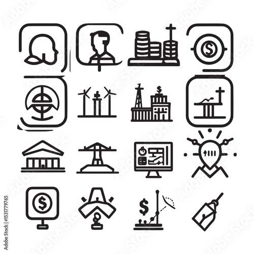 Collection of black and white line icons for business finance and energy