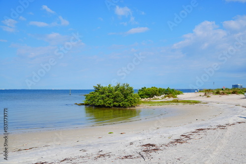 Summer landscape Cypress Point Park and Tampa Bay in Florida. It is close to TPA airport and is an Oceanfront park with a boardwalk, hiking trails, dunes, picnic shelters and a canoe dock.	 photo