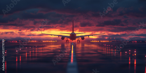 Commercial Airplane on Wet Runway at Sunset 