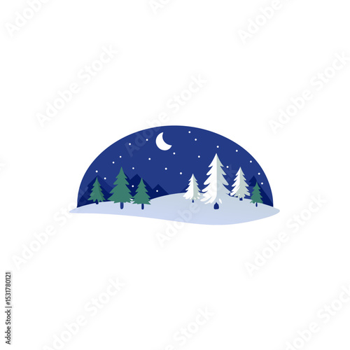 realistic moonlit snowy forest clearing on white