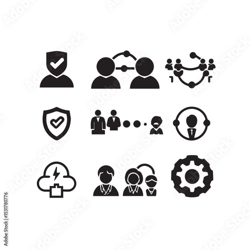 Collection of black glyph icons for teamwork collaboration networking and security