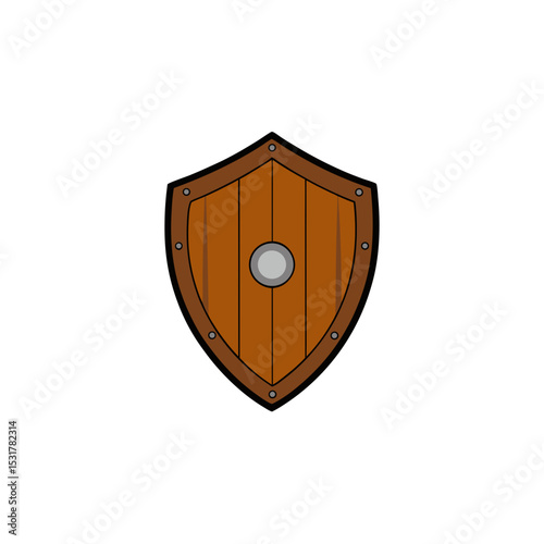 wooden shield with iron frame on white background  