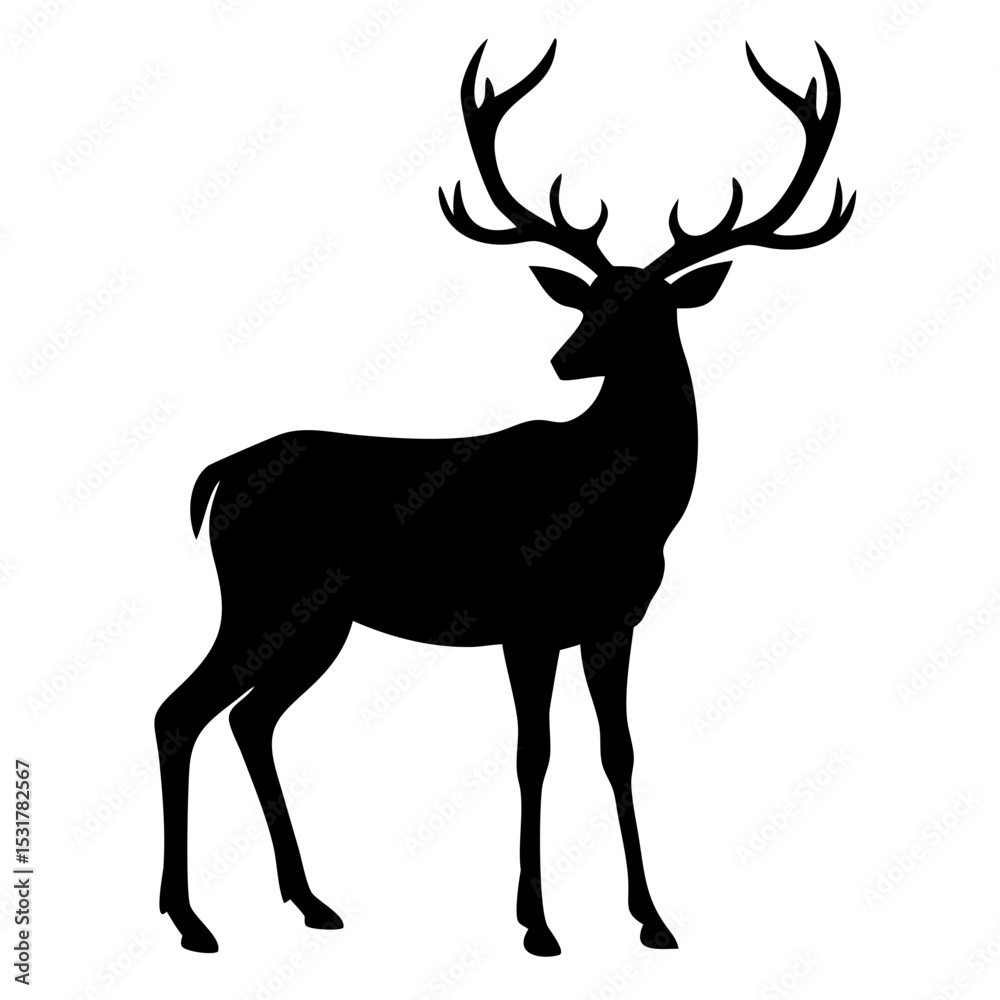 Fototapeta premium Silhouette of a deer with large antlers, elegant stag illustration on white background 