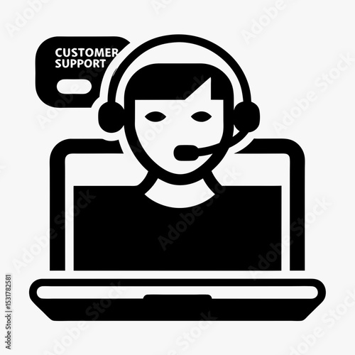 Customer service representative icon with headset and laptop, online support agent with speech bubbles
