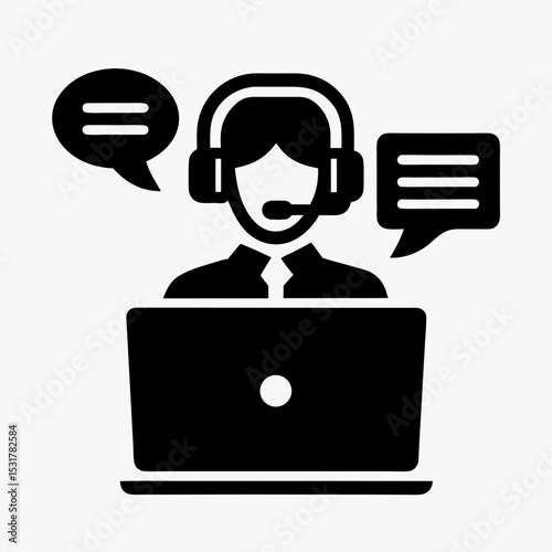 Customer service representative icon with headset and laptop, online support agent with speech bubbles
