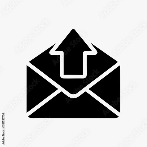Black email send icon with envelope and upward arrow, outgoing mail symbol on white background
