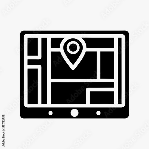 Black map location icon on tablet screen, GPS navigation and mobile map application vector illustration
