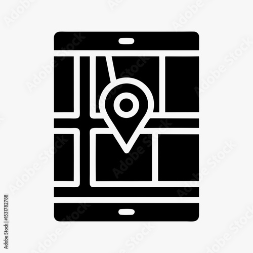 Black map location icon on tablet screen, GPS navigation and mobile map application vector illustration
