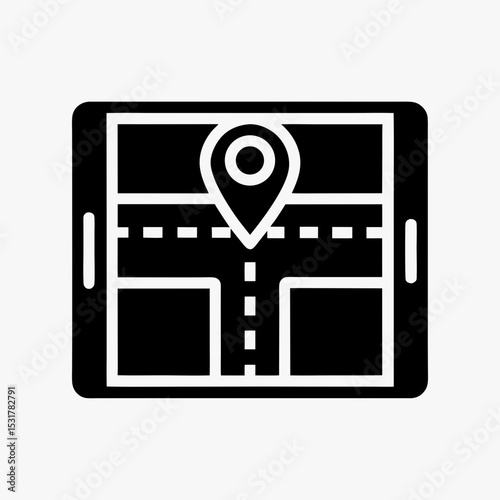Black map location icon on tablet screen, GPS navigation and mobile map application vector illustration

