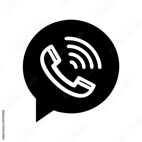 Black phone call icon with speech bubble and signal waves, communication symbol on white background
