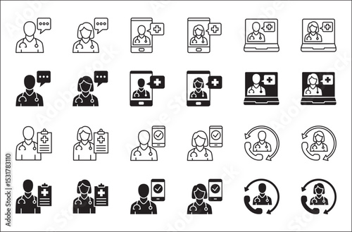 Healthcare icon set. Health insurance symbol. Doctor consultation apps icon. Icons set contains online doctor, hospital, medical consultant, medic, clinic, emergency call. Vector illustration