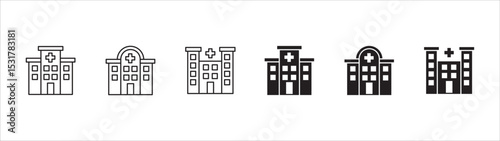Hospital building icon set. Hospital and healthcare icon collection. Icon symbol of hospital buildings, medical house, medic, clinic, digital healthcare. Vector illustration