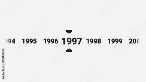 Horizontal timeline animation scrolling smoothly to the year 1997. Ideal for history documentaries, educational videos, or year-based content.