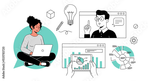 Digital Age of Creation: A dynamic illustration showcasing the modern landscape of ideas, with a creative woman engaged in laptop work, with related creative element. 