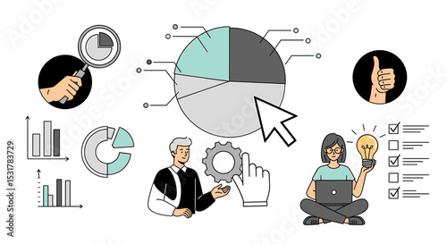 Analytical Data Visualization: Illustrative vector graphics showcase statistical data analysis with charts, diagrams, and human figures.