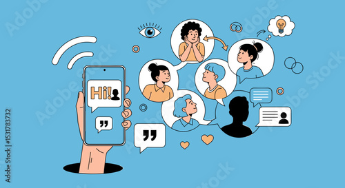 Digital Connections: A vibrant illustration depicts the interconnectedness of modern communication. A hand holds a smartphone.