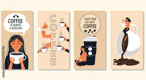 Coffee Culture Collection: A charming illustration that showcases the world of coffee culture. A collection of artistic images, including a woman holding coffee, human hand with coffee, coffee beans.