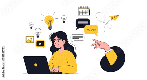 Creative Digital Workplace: A vibrant scene of modern female using her laptop in dynamic creativity environment, conceptualize innovative ideas to share it, surrounded by glowing light bulbs.
