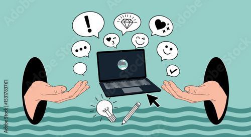 Online Creativity: A captivating illustration of human hands interacting with digital device, laptop, creative cloud and speech bubbles, with elements of inspiration and innovative solutions.