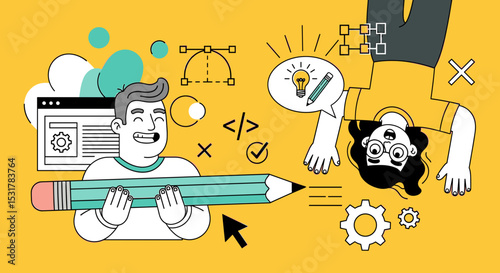 Creative Collaboration: Two individuals, depicted in a vibrant illustration, engage in a collaborative creative process, symbolized by tools and elements indicative of web design, graphic design.