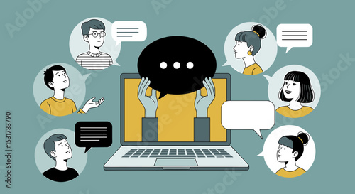 Online Interaction: A digitally rendered image showing a central laptop screen, representing the core of a virtual conversation, encircled by various individuals engaged in dialogues.