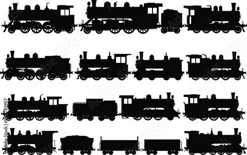 Silhouettes of vintage steam locomotives and wagons, classic train engine collection, retro transportation concept, black vector illustration set, historical railway transport, isolated design