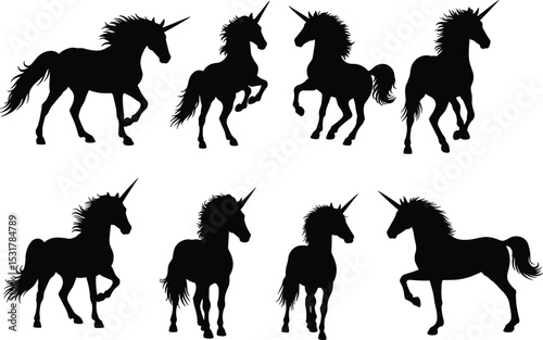 Silhouettes of majestic unicorns in various standing and walking poses, fantasy creature design, magical animal illustration, black vector style, mythical horse with horn