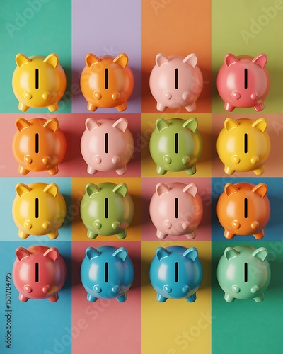 A grid arrangement of colorful piggy banks against a striped pastel color block background view from above