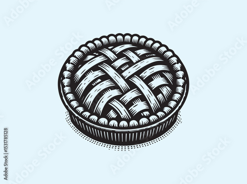 Clean and simple solid black silhouette of a whole pie in a pie tin, isolated on white