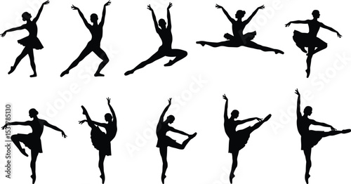 Silhouette illustration of ballet dancers performing classical poses, graceful leaps, expressive movements, elegant form, and artistic stage choreography.