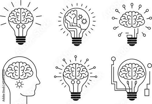 Conceptual ideas illustrating thinking process and the brain with light bulb and head silhouette graphic elements