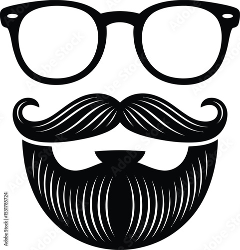 Stylish black and white vector illustration of a face with glasses mustache and beard for design purposes