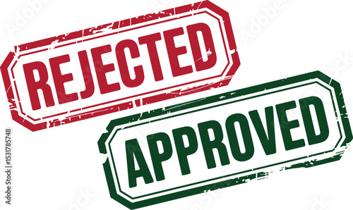 Red rejected and green approved rubber stamp texts on a white background with distressed grunge style.