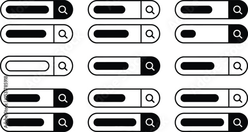 Collection of search bar icons in various styles with magnifying glass icon for website design and development